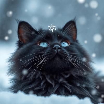 The primary subject of the image is a black cat with blue eyes. The cat is sitting in the snow, and it appears to be looking at the camera. The setting is a snowy environment, and the visual style is a photo. The dominant colors in the image are black and white, with the blue eyes of the cat adding a pop of color. The overall atmosphere of the image is calm and serene, as the cat seems to be enjoying the snowy surroundings.